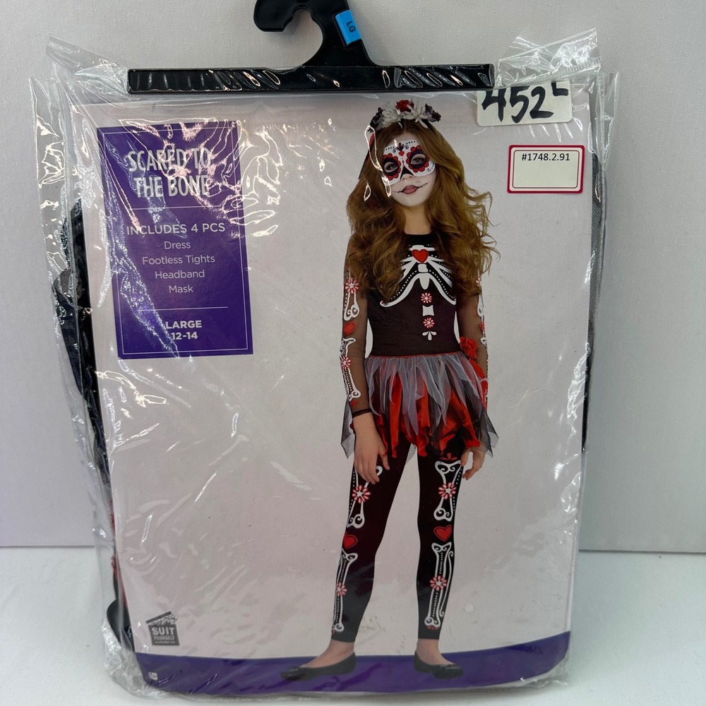 Scared To The Bone Halloween Costume Dress Tights Headband Mask Large 12-14 Girl